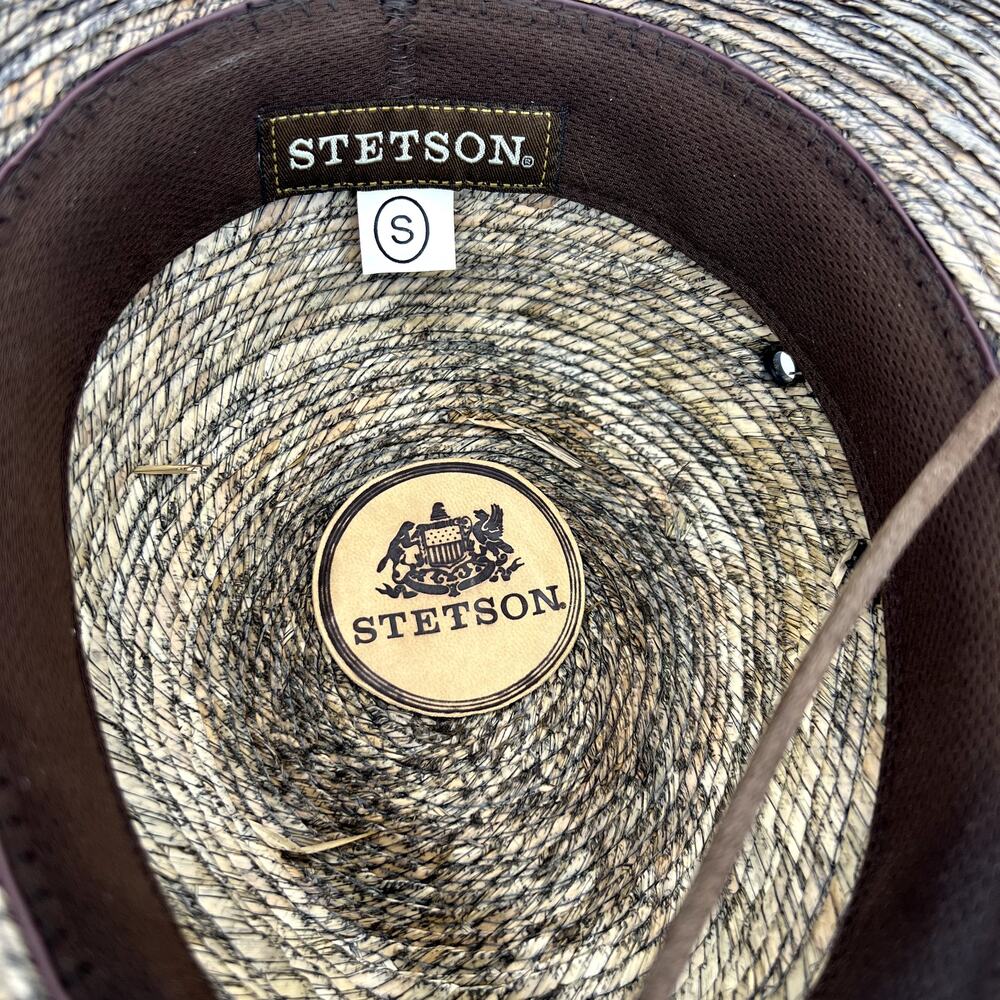 Stetson Marco Safari Sun Hat Stained Palm Straw Leather Band Chin Strap SMALL - Picture 6 of 9